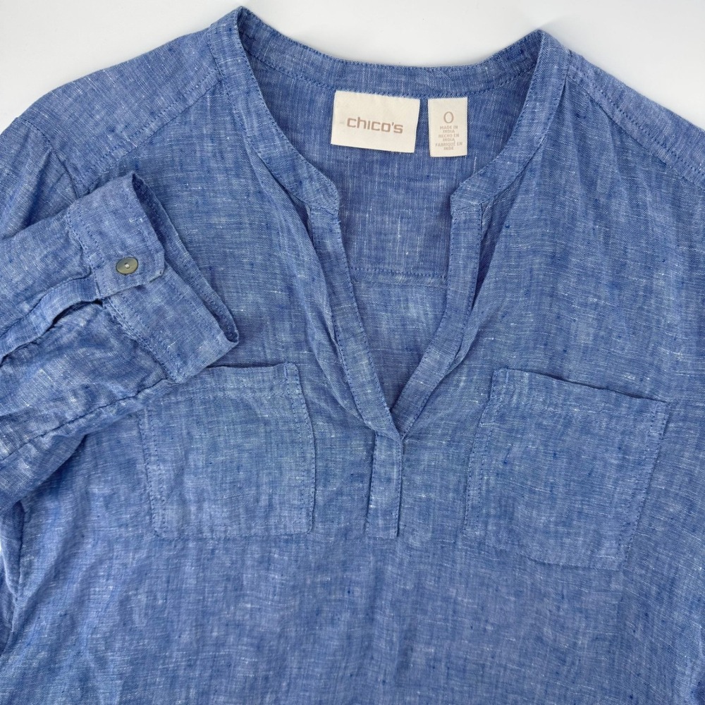 Chico's Linen Pullover Tunic Size 0 Small Blue 3/4 Sleeve High-Low Split Neck